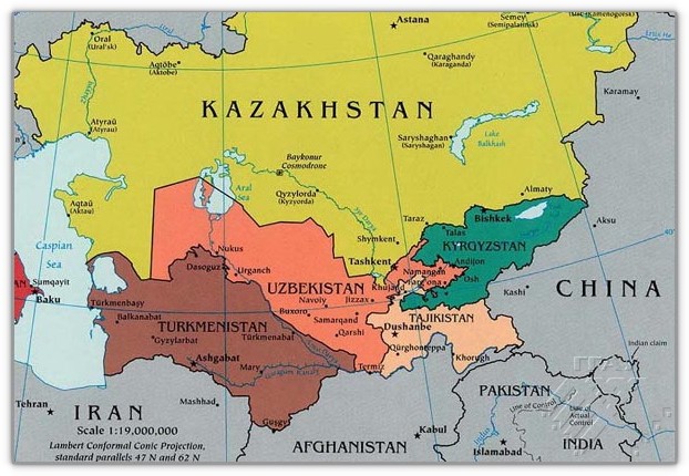 Мапа Сярэдняй Азіі, на якой ёсць і Ўзбекістан
